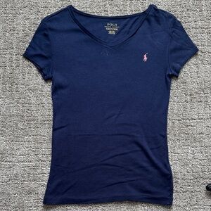 Polo by Ralph Lauren Women's Dark Blue Tee with Pink Logo
